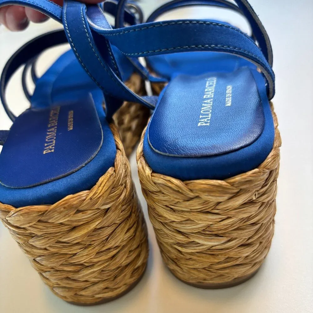 Paloma Barcelo Spain Platform Sandals 37 Blue Satin Raffia Wedge Consign